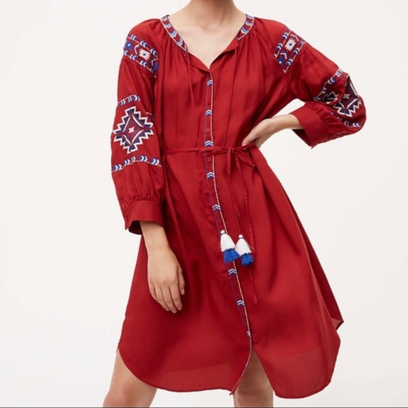 LOFT Dresses & Skirts - LOFT Embroidered Boho Shirt Dress - NWT!  Size LT